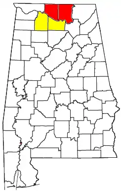 Decatur Metropolitan Statistical Area is shaded in yellow.  Decatur MSA is part of the Huntsville-Decatur CSA (shown in yellow and red).