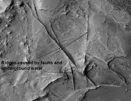 Huo Hsing Vallis Ridges, as seen by HiRISE.  Ridges may be caused by water moving along faults.