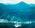 Mount Huxley from the air – from the west northwest from above the old Queenstown landing strip, circa 1975.