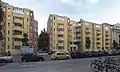 1980s residential building on the former location of the large Raiffeisenhaus at 39-43, Köthener Strasse in Berlin, which was entirely destroyed at the end of World War II; the adjacent Meistersaal is visible on the right