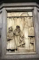 The monument to Leonardo da Vinci in Piazza della Scala in Milan. Detail: Leonardo shows Ludovico il Moro the plaster for the bronze of the "Sforza horse".