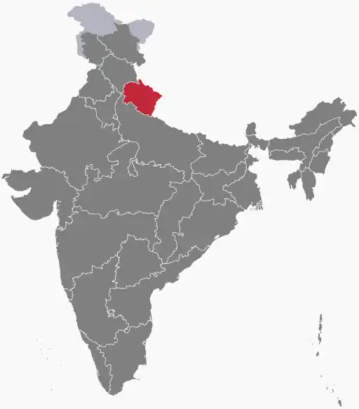 The map of India showing Uttarakhand