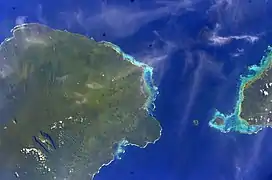 Savai'i (left island) with lava fields visible (top left)  in Gaga'emauga district. (NASA photo, 2008).