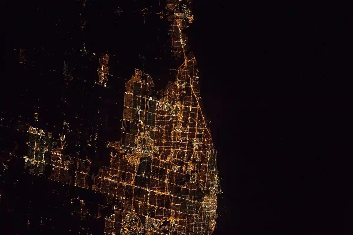 Caledonia, along with Wind Point (lower right), and southern Oak Creek (top), November 15, 2015 during Expedition 45 of the ISS