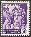 A stamp from the Italian Social Republic, depicting Italia turrita holding a Fasces