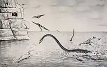 Old inaccurate drawing of elasmosaur raising its neck from ocean with pterosaurs, mosasaurs, swimming birds, and other elasmosaurs and a cliff in foreground and background