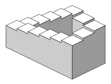 A staircase in a square format. The stairs make four 90-degree turns in each corner, so they are in the format of a continuous loop.