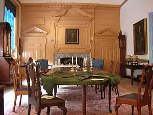 Governor's Council Chamber, Independence Hall, Philadelphia, Pennsylvania. The blue Marlborough-leg armchairs are believed to have been part of the set made for Governor John Penn.