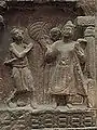 The Buddha in checkered monastic dress in the "Subjugation of Nalagiri", Bhutesvara Yakshis, 2nd century CE, Mathura.