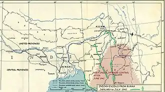  A line-drawing map of India and Burma, with arrows showing the escape routes of civilians during the Japanese invasion.