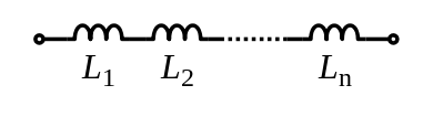 A diagram of several inductors, connected end to end, with the same amount of current going through each.