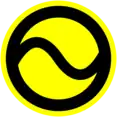 A black tilde inside a black circle, over a yellow background