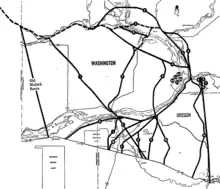 A black-and-white map of freeway routes in the Tri-Cities region of Washington and Umatilla County, Oregon, with various options highlighted and numbered.