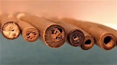 The ends of Ipswich bobbins show the hollow stems