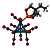 Ball-and-stick model of the (trimethylolpropane phosphite)tetrairidium undecacarbonyl cluster