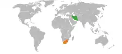 Map indicating locations of Iran and South Africa