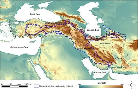 A map of the Irano-Anatolian biodiversity hotspot ranging from Central Turkey to South Iran and West Turkmenistan