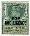 British 1903 King Edward VII revenue stamp appropriated for Petty Sessions for use in Ireland (further overprinted for Dog Licence)