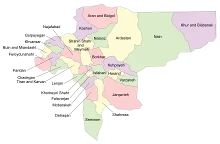 Location of Shahreza County in Isfahan province (bottom, yellow)