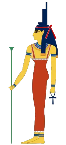 Isis stands in a composite pose, wearing the throne hieroglyph on her head, and holding an ankh and staff.