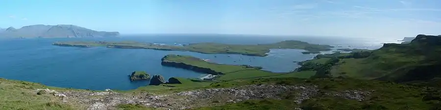 Panorama taken from Compass Hill on Canna, overlooking Canna Bay and Sanday towards Rùm.