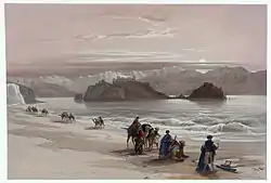 Isle of Graia Gulf of Akabah Arabia Petraea, 1839 lithograph of a trade caravan by Louis Haghe from an original by David Roberts.