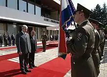 President Stjepan Mesić and President of Serbia Boris Tadić saluting an Honor Guard Battalion in front of the palace, 2007.