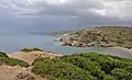 View southward across East Akropolis. Itanos Bay and Beach in the background, Cape Plaka, Skaria Beach and the Grandes Islands further down. Vai Beach not visible.