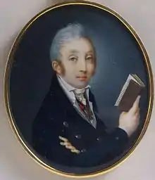 Portrait of a man in a high collared coat with a cravat, with his arms crossed over his chest and a book in his right hand.