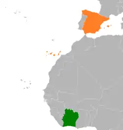 Map indicating locations of Ivory Coast and Spain