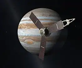 Artist's concept of the Juno spacecraft orbiting Jupiter - furthest spacecraft to be powered by solar cells