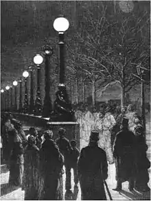 Outdoor installation of gaslamps compared with new electric lighting (London, 1878)