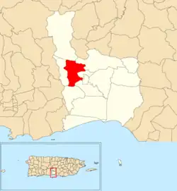 Location of Jacaguas within the municipality of Juana Díaz shown in red