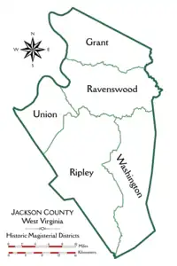 Outline map of Jackson County, West Virginia, showing the boundaries and names of the five historic magisterial districts.