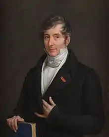 Painting of a man with grey hair, holding a book.