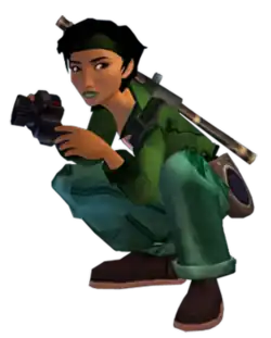 The rendered picture of a woman with dark hair and skin, carrying a camera, and wearing several pieces of green clothing