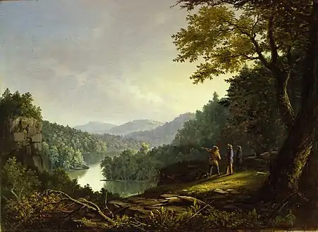 Painting of three men near a river, one of them pointing