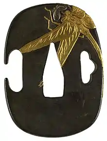 Tsuba with dragonfly in shibuichi