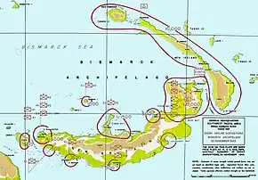 Colour map of New Britain and nearby islands marked with the location and strength of the Japanese forces stationed on them