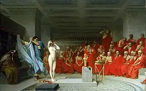 19th century interpretation of the hetaira: Jean-Léon Gérôme's painting Phryne Before the Areopagus depicts the hetaira Phryne on trial. The sight of her nude body, according to legend, persuaded the jurors to acquit her.