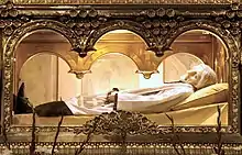 The body of Saint John Mary Vianney wearing a wax mask, found to be incorrupt by the Catholic Church. (May 8, 1786 – August 4, 1859).