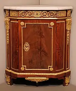 Louis XVI corner cabinet; by Jean Henri Riesener; 1780–1790; oak, mahogany, marble, and gilt-bronze mounts; 94.3 × 81.3 × 55.9 cm; Art Institute of Chicago (US)