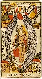 The World card from the Jean Dodal Tarot of Marseille deck (1701–1715)