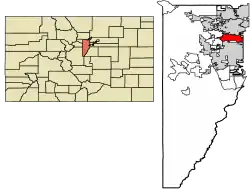 Location of the City of Wheat Ridge in Jefferson County, Colorado.