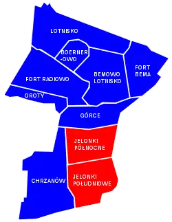 Location of Jelonki within the district of Bemowo, in accordance to the City Information System which divides the neighbourhood into two areas, Jelonki Północne and Jelonki Południowe.