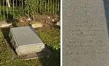 A small granite headstone among other gravestones