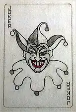 Sketch of a playing card with a grinning Joker