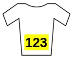 A jersey with a black rider number on a yellow background