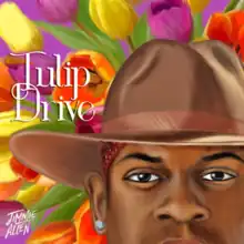 A painting of Jimmie Allen wearing a brown cowboy hat, red bandana and an earring, with numerous tulips behind him. The album title is beside him and the artist's logo is on the bottom left, colored in white.