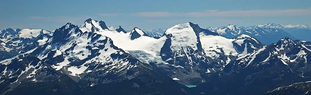 Joffre Group seen from Mount Marriott. Left to right: Joffre, Matier (highest), Mt. Hartzell, Spetch, Slalok Mountain, and Taylor (furthest right)